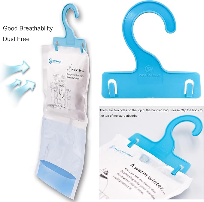 12 Pack (7 oz. ea.) Moisture Absorber Refill Hanging Bags, Moisture Absorber Packets with Reusable 6pcs Hooks, Humidity Packs, Hanging Closet Dehumidifier Bags