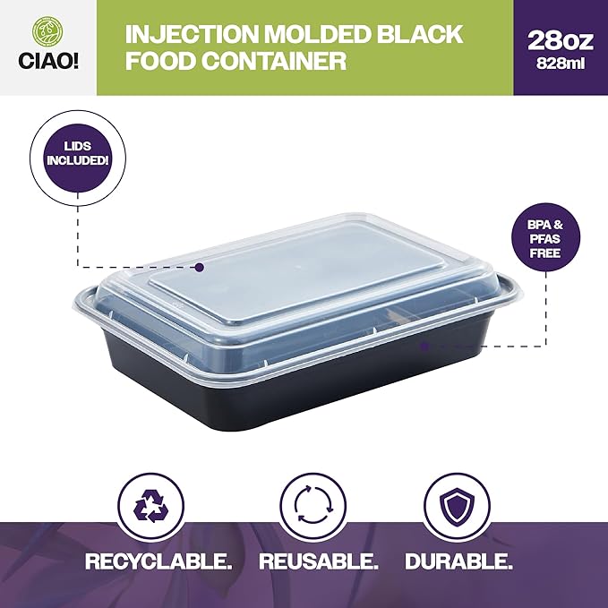 CIAO! Heavy Weight 28oz Injection Molded Microwavable Black Rectangular Food Container with Lid (150/case)