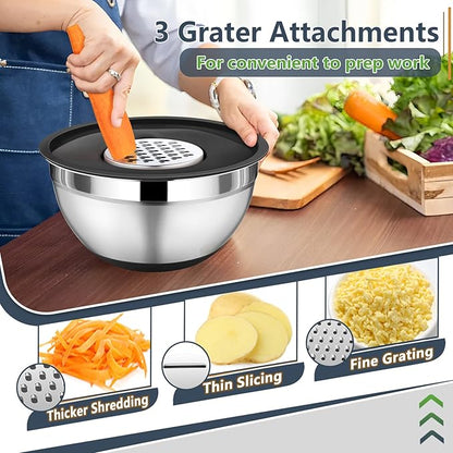 P&P CHEF Mixing Bowl with Lids Set of 3, Stainless Steel Nesting Salad Bowls for Serving Preparing, 3 Grater Attachments & Non-Slip Bottoms, Size 1.5/2.6/4.6 QT, Black