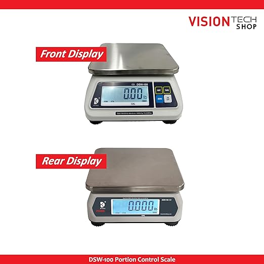 VisionTechShop DSW-100 Portion Food Scale with Dual LCD Display, Stainless Steel Platter, 6lb Capacity, 0.002lb Readability, Lb/Oz/Kg/g Switchable, Low Profile Design, NTEP COC #22-007, NSF Certified