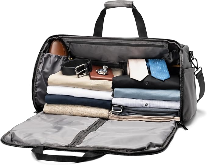 Halfday Convertible 2-in-1 Premium Garment Duffel Weekender Bag 45L | Wrinkle-Free Travel, Hanging Suit Compartment, Shoe Pockets, Trolley Sleeve. Balistic Nylon Carry-On, Ash