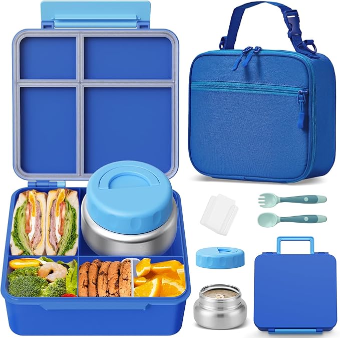 Kids Bento Lunch Box with Thermos, Leakproof Toddler Bento Box with 9 OZ Insulated Food Jar, Lunch Bag & Utensils 3 or 4 Compartment Container for School Girls Boys