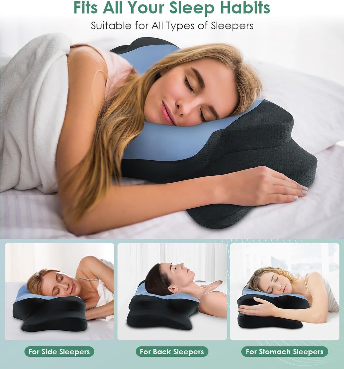 DONAMA Cervical Pillow for Sleeping, Contour Memory Foam Pillow for Neck and Shoulder Support, Ergonomic Neck Pillow for Side Back Stomach Sleepers, Bed Pillows with Cooling Pillowcase
