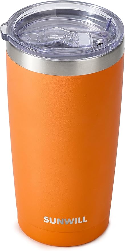 SUNWILL Travel Coffee Tumbler 20 oz, Insulated Mug with Lid, Stainless Steel Cup for Hot and Cold Drinks, Powder Coated Orange