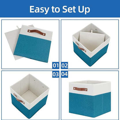 Temary Storage Cube Bins 11 Cube Storage Bins Storage Baskets for Closet, Shelves 4 Pack Fabric Organizer Bins with Leather Handles(White&Teal)