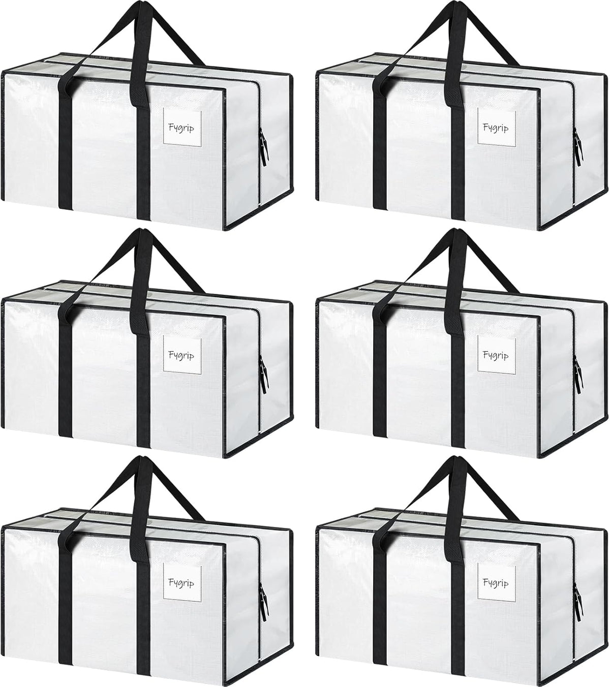 6 Pack Extra Heavy Duty Large Moving Bags with Strong Zipper & Comfortable Handles, Sturdy & Durable Clothes Storage Bags Totes Bins, Packing Moving Boxes for College Supplies, White