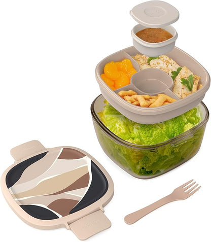 Bentgo Glass Prints All-in-One Salad Container - 61oz Tinted Glass Salad Bowl with Lid, Bento-Style Tray, Sauce Container, & Reusable Fork - Dishwasher & Microwave Safe (Inky Abstract - Neutrals)