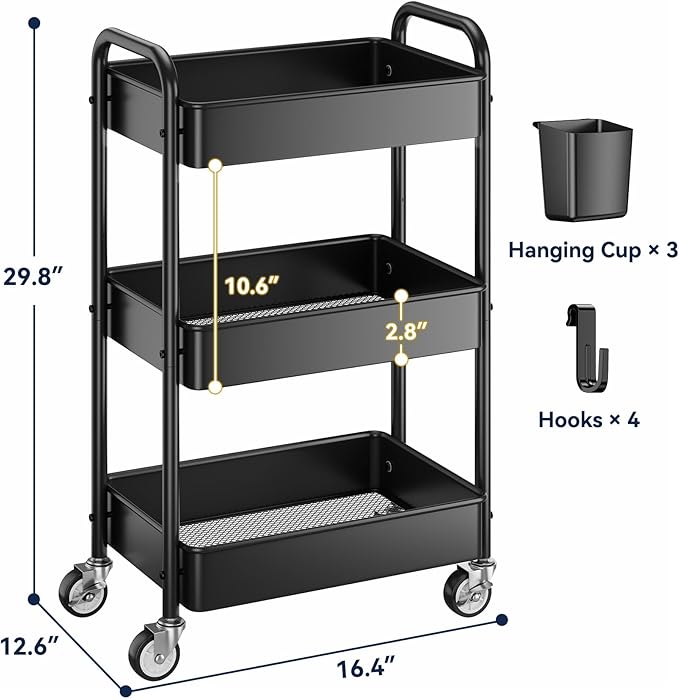 YASONIC 3 Tier Rolling Cart - Metal Utility Cart with Wheels, Hanging Cups, Hooks, Heavy Duty Mesh Rolling Storage Cart Organizer, Craft Cart for Kitchen Office, Lightweight and Sturdy