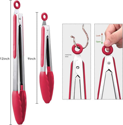 HOTEC Premium Stainless Steel Locking Kitchen Tongs with Silicon Tips, Set of 2-9" and 12"(Red)