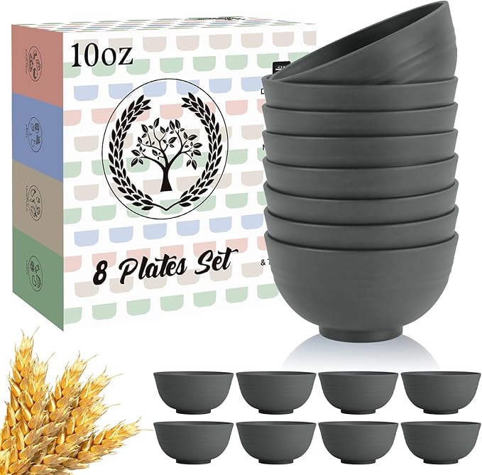 Homienly Wheat Straw Small Bowls, Dessert Bowls for Kitchen, Camping, Party, Unbreakable Mini Bowl Set of 8, 10 OZ Microwave and Dishwasher Safe Appetizer Bowl,Yogurt Bowls Set (Dark Grey)