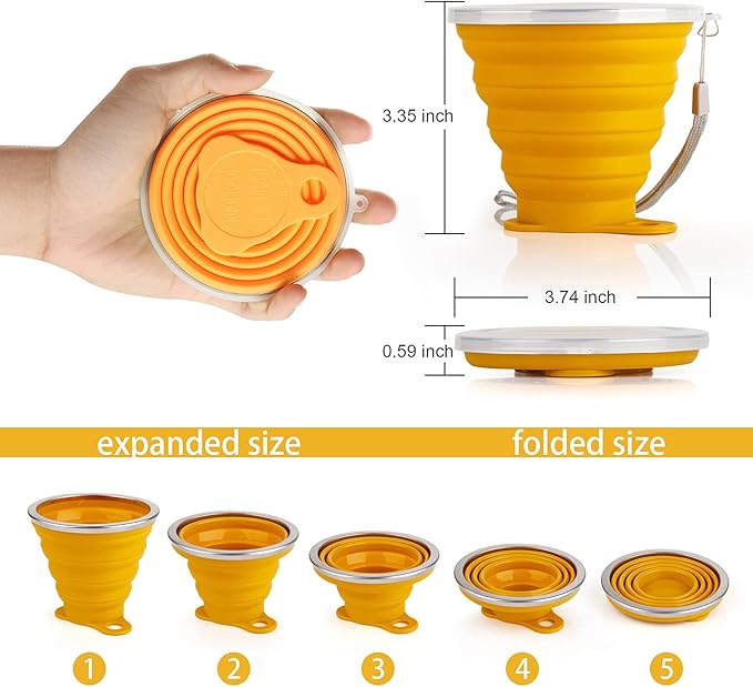 IYYI Silicone Collapsible Travel Cup, 9.22oz Folding Camping Cup with Lid, Expandable Drinking Cup Set, Portable Coffee Cup (Dark Gray-Lighr Gray-Yellow-Green, S-4)