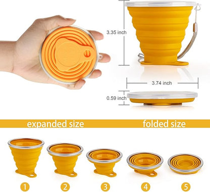IYYI Silicone Collapsible Travel Cup, 9.22oz Folding Camping Cup with Lid, Expandable Drinking Cup Set, Portable Coffee Cup (Dark Gray-Lighr Gray-Yellow-Green, S-4)