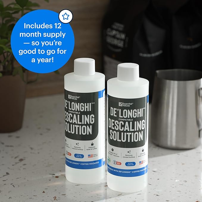Essential Values Descaling Solution Compatible with De Longhi - Coffee Descaler - Coffee Maker Cleaner - Kettle, Espresso Machine Cleaning - 12 Month Supply 2-Pack
