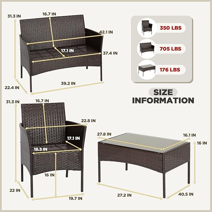 FDW | 4-Piece Patio Furniture Set | Brown & Blue | Outdoor Wicker Furniture