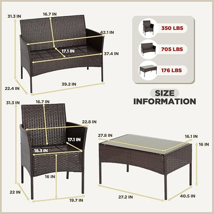 FDW | 4-Piece Patio Furniture Set | Brown & Blue | Outdoor Wicker Furniture