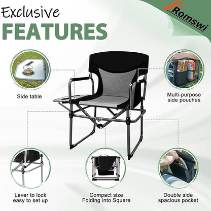 Romswi Director Chairs for Outdoor, Folding Camping Chair, Compact Directors Chair Side Table and Side Bag, Heavy Duty Oversize Seat for Beach Fishing Picnic Chairs, Holds up to 300 lbs Black 2 Pcs