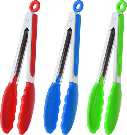 9" Silicone Kitchen Tongs with Silicon tips, Set of 3 (Red Blue Green)