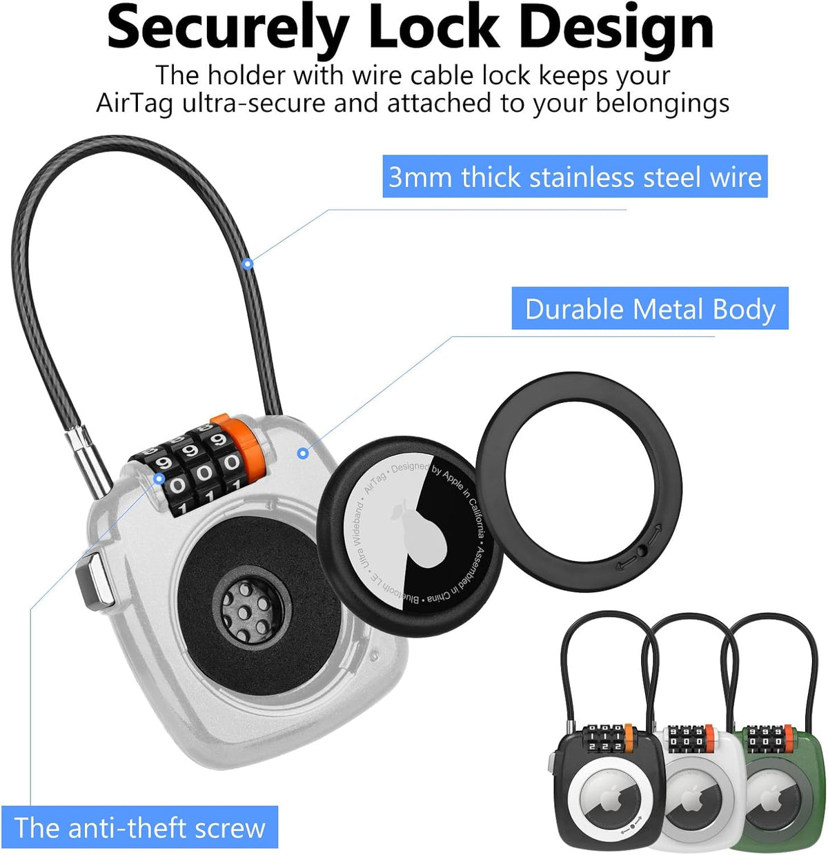 Compatible with Apple AirTag Secure Lock with Wire Cable, 3-Digit Combination Luggage Locks, Alloy Body Ultra Durable Anti-Lost Protective Case for Luggage, Bags, Suitcase, and Backpacks (WHITE)