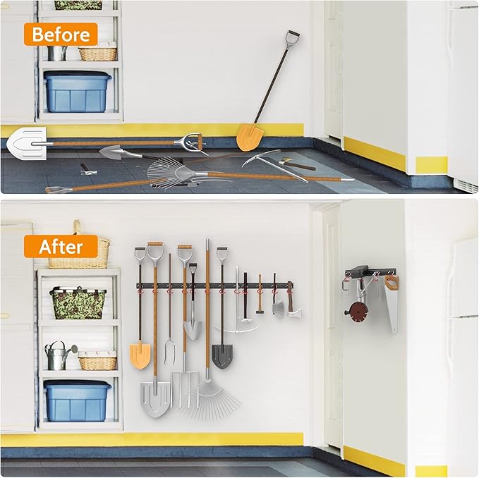 WALMANN All Metal 64 Inch Wall Mount Garden Tool Organizer for Garage, Mop and Broom Holder, Yard Tool Storage Rack for Rake, Shovel, Spade, Mop, Broom(4 Rails, 16 Hooks)