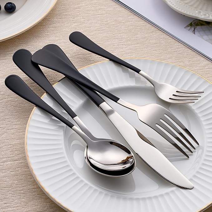20-Piece Black Silverware Set 18/0 Stainless Steel Silverware Set Black Handle Cutlery Set Service for 4 Dinner Knives Forks Spoons Set Flatware Set Finish Dishwasher Safe