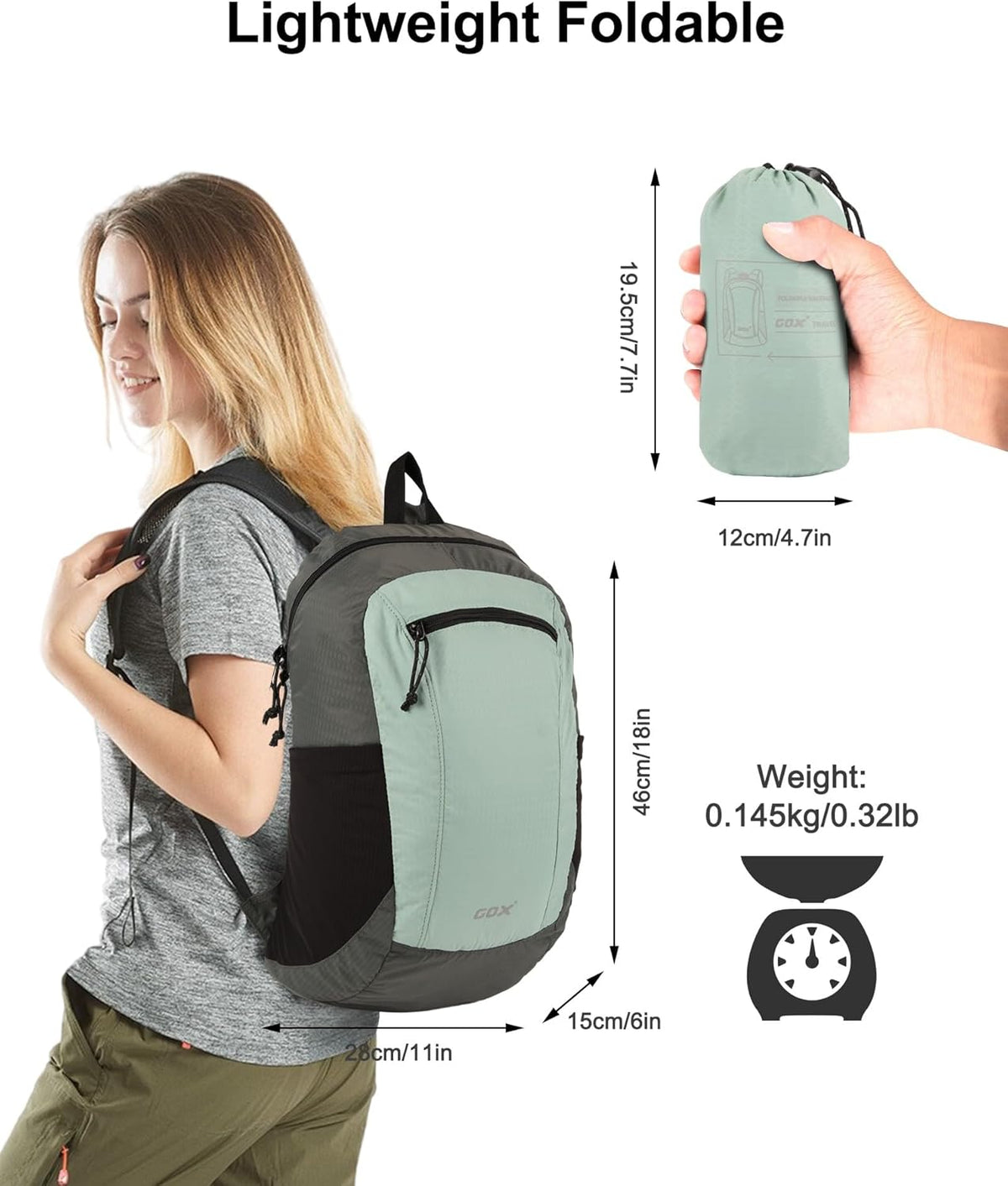 GOX Foldable 20l Backpack For Travel Lightweight Hiking Packable Daypack for Men Travel Camping Outdoor Bag Women (Jade)