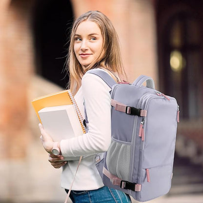 Hanples Large Travel Backpack for Women as Person Item Flight Approved, Waterproof 35L Carry On Backpack, 17 Inch Laptop Backpack for Business Bag with 2 Toiletry Bags (Gray Purple)