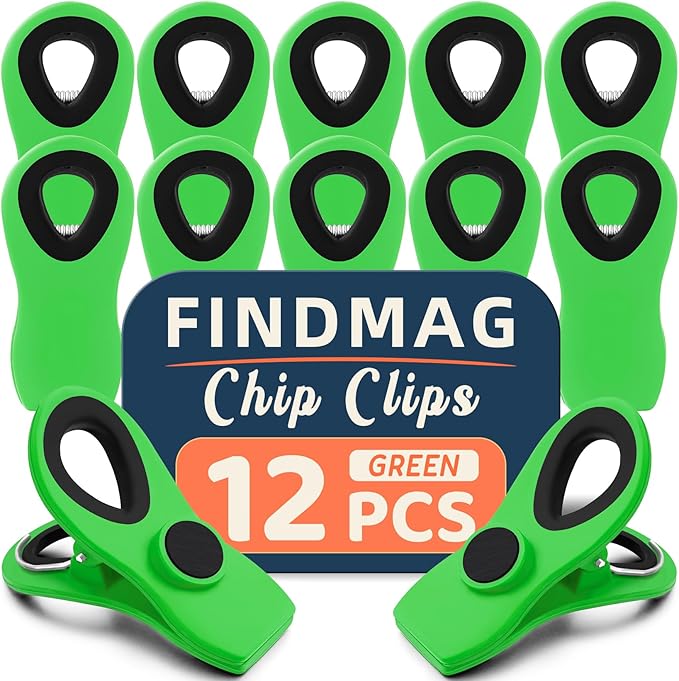 FINDMAG Big Chip Clip, Green Magnetic Wide Bag Clip Set, Cute Magnet Clips Refrigerator Sealing Clip, Plastic Food Clips Great for Kitchen, Home, Snacks, Bread, 12 Pack