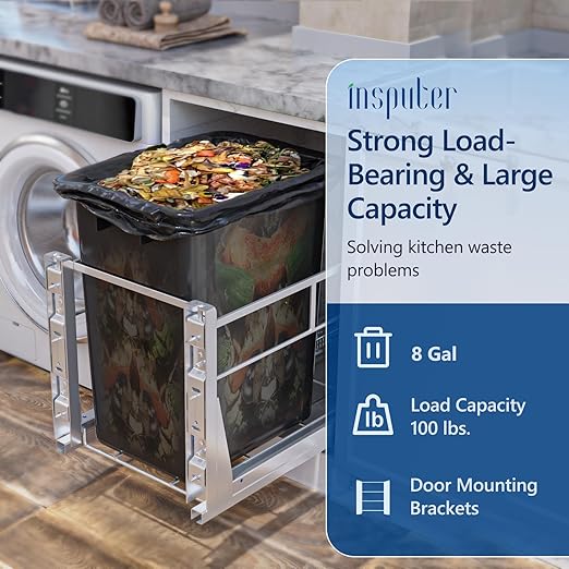 Insputer 8 Gal Pull Out Trash Can Under Cabinet, Heavy Duty Under Sink Garbage Can Kit with Soft-Close Slides for Kitchen, Laundry, Requires Minimum Cabinets Opening 12" W X 18" D