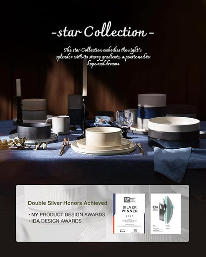 Famiware Star Dinnerware Set, Plates and Bowls Sets for 4 (12pcs), Ribbed Stoneware Dishes - Chip & Scratch Resistant, Microwave & Dishwasher Safe, Matte Gray