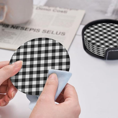 6 Pcs Black White Striped Plaid Leather Coasters