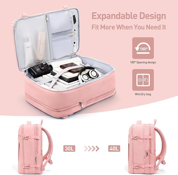 SHOWKOO Travel Backpack For Man Women, Airline Approved Carry On Laptop Backpack For Business, 40L Expandable Large Capacity Backpack, Pink