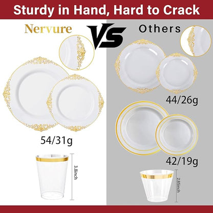 Nervure 350PCS Gold Plastic Plates - Gold Plastic Dinnerware Sets for 50 Guests - 100 Disposable Plates, 150 Silverware, 50 Cups, 50 Napkins for Wedding & Party & Thanksgiving