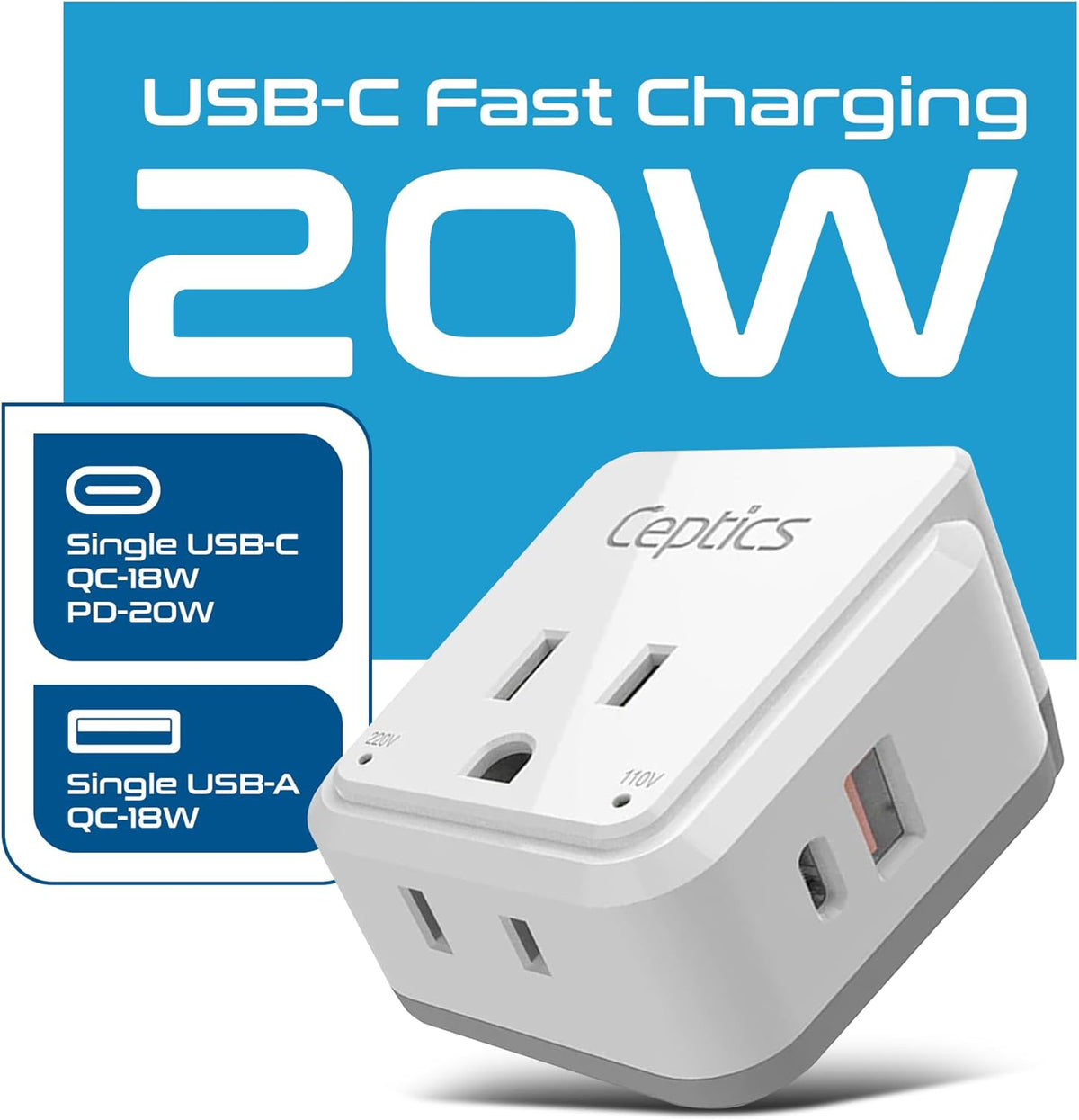 Ceptics Israel, Jordan Power Plug Adapter Travel, 20W PD & QC, Safe Dual USB & USB-C 3.1A -2 USA Socket - Use in Jerusalem, Palestine, UAE - Includes Type H, Type C, Type G Swadapt Attachments