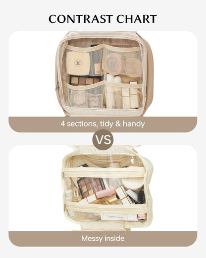 EACHY Toiletry Bag with Hanging Hook, Travel Makeup Bag PU Leather Cosmetic Bags for Women Make Up Organizer with 4 Compartments Waterproof Full-Size Portable Travel Essentials (Trench，Pro)