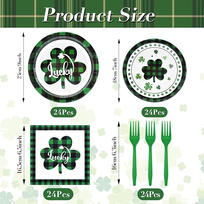 96 Pieces St. Patrick’s Day Tableware Set – Green and Black Plaid Shamrock