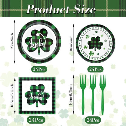 96 Pieces St. Patrick’s Day Tableware Set – Green and Black Plaid Shamrock