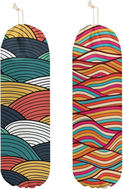 2 Pcs Geometric Waves Plastic Bag Holder, Colorful Wall Mount grocery bag holder for plastic bags, Washable Grocery Bags Storage Dispenser for Home Kitchen Pantry Decor, Abstract Art Gifts for Women