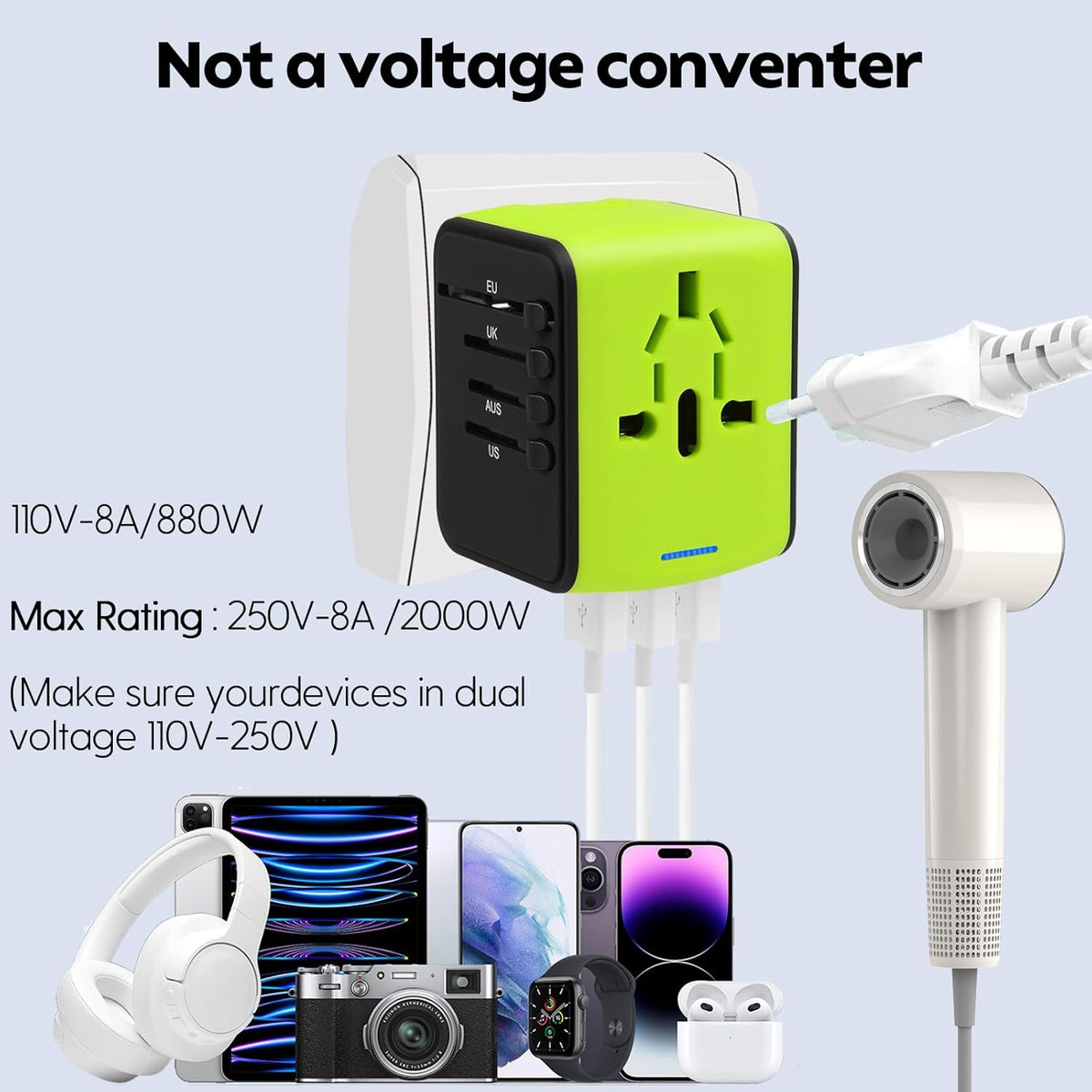 JMFONE International Travel Adapter 2 USB-C & 2 USB-A Ports and Multi AC Sockets,Universal Power Adapter Worldwide All in One High Speed 2.4A Perfect for 200+ Countries (Green)