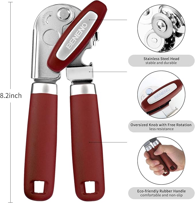 Beneno Heavy Duty Hand Can Opener Manual with Magnet, Durable Sharp Carbon Steel Blade Smooth Cutting, Big Effort-Saving Knob & Soft Grip Handle, Multifunctional Kitchen Tool with Bottle Opener, Red