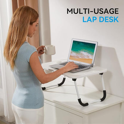 BUYIFY Folding Lap Desk, 23 Inch Portable Wood White Laptop Bed Desk Lap Desk with Cup Holder, for Working Reading Writing, Eating, Watching Movies for Bed Sofa Couch Floor