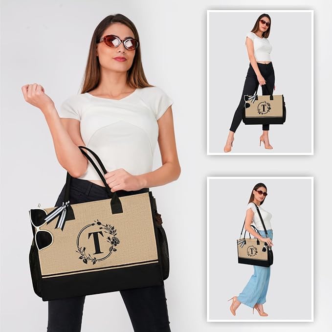 TOPDesign Personalized Initial Canvas Tote Bag, for Wedding, Birthday, Beach, Perfect Gifts for Women, Mom, Teachers, Friends