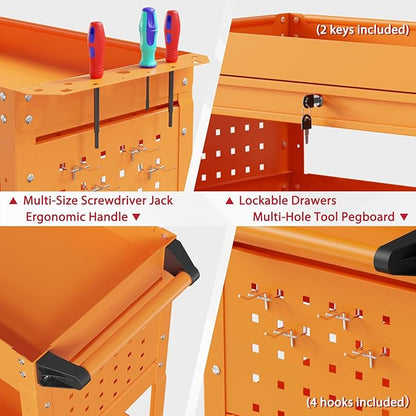3 Tier Rolling Tool Cart on Wheels, Heavy Duty Service Cart Industrial Utility Cart with Drawer and Screwdriver Rack Pegboard, 550 LBS Mobile Tool Storage Organizer for Garage, Workshop (Orange)