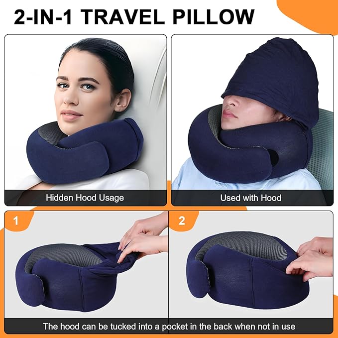 Travel Pillow - Hooded Neck Pillow Airplane Memory Foam Filling for Plane, Office, Cars Sleeping, Road Trip, Long Flights, Portable Plane Accessories, Includes Eye Mask & Earplugs (Navy)