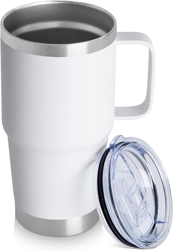 20oz Tumbler with Handle & Lid, Insulated Stainless Steel Travel Mug, Leakproof Cup for Coffee & Tea, BPA-Free Double-Wall Vacuum Tumblers for Hot/Cold Drinks, Commuter, Gym, Office, White 1 Pack