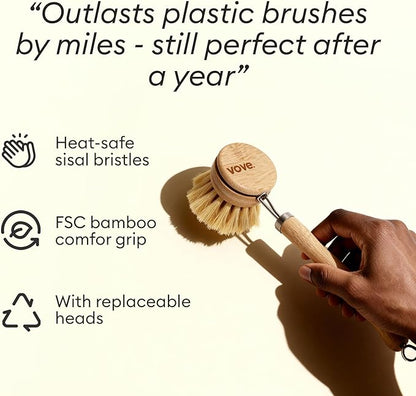 Vove Bamboo Dish Brush, FSC-Certified - Includes 3 Replacement Heads - Natural Fiber Bristles - Non-Toxic, Plastic-Free - Scrub Brush for Pots, Pans & Dishes