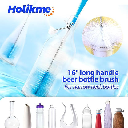 Holikme Bottle Brush Tube Cleaning Lab Set with Long Handle, Cup Cleaner for Washing Narrow Neck Beer Wine Decanter Pipes Lids Sinks Cap Covers, Green