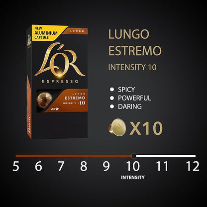 L'OR Espresso Capsules, 10 Count Estremo Lungo, Single-Serve Aluminum Coffee Capsules Compatible with the L'OR BARISTA System & *Nespresso Original Machines, 10 Count (Pack of 1)
