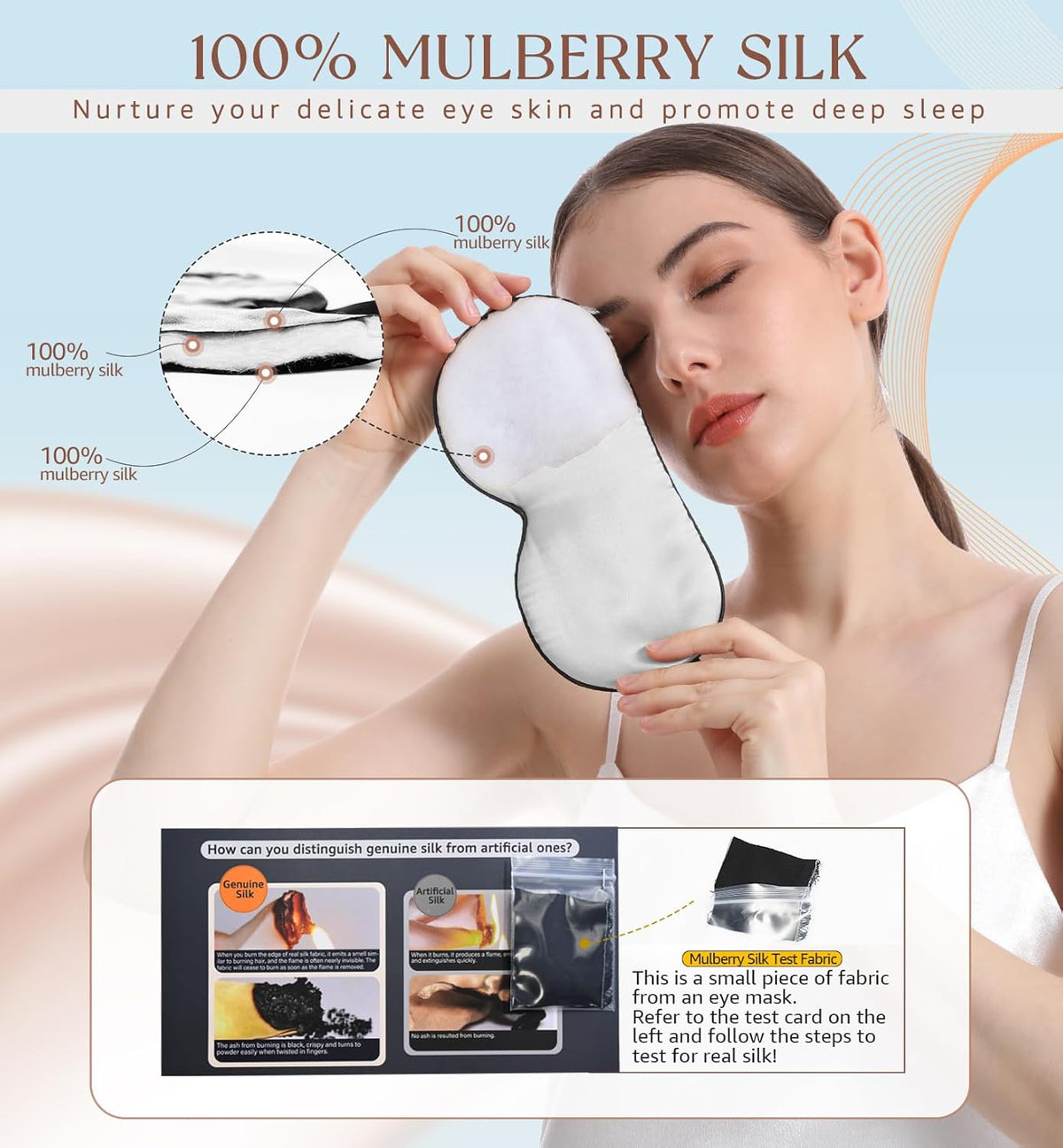HiRui Silk Sleep Mask, 100% Natural Mulberry Silk of Double-Sided & Inner-Filling, Ultra-Smooth Soft, Adjustable Strap, Blocks Light for Night Sleeping, Travel, Office Naps (Gray)