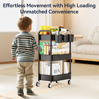 YASONIC 3 Tier Rolling Cart - Metal Utility Cart with Wheels, Hanging Cups, Hooks, Heavy Duty Mesh Rolling Storage Cart Organizer, Craft Cart for Kitchen Office, Lightweight and Sturdy
