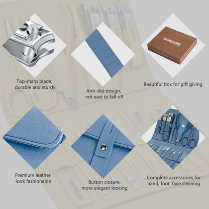 Manicure Set Professional Nail Clippers Pedicure Kit, 16 pcs Stainless Steel Nail Care Tools Grooming Kit with Luxurious Travel Leather Case for Thick Nails Men Women Gift (Blue)